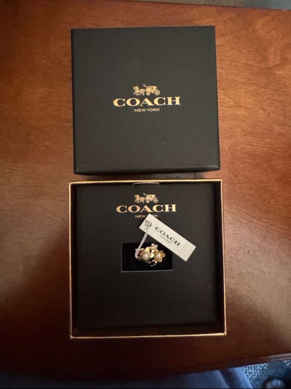 COACH Gold Floral Pearl Ring - Gold and Pearl Accents
